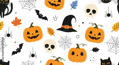 Fun halloween seamless pattern featuring carved pumpkins, black cats, skulls, spider webs, and bats on a white background.