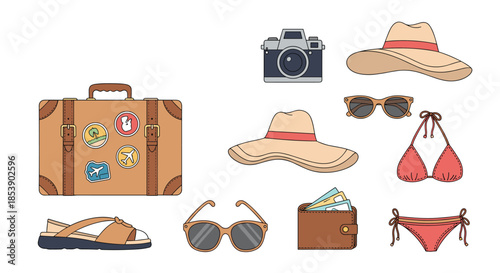 Collection of summer vacation and travel essentials including a suitcase, camera, straw hats, sunglasses, and swimwear.