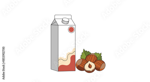 Carton of hazelnut milk sits next to a small cluster of whole hazelnuts with green leaves on a white background.