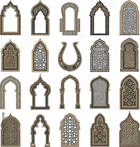 Isolated a kinds of deferent Arabic vector shape of a window or door arch. PNG. Islamic frame set. Mosque gate. Islamic arabesque pattern. Arabian muslim shape vector art white background..