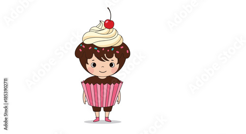 Charming illustration of a child wearing a giant cupcake costume complete with frosting and a cherry on their head.