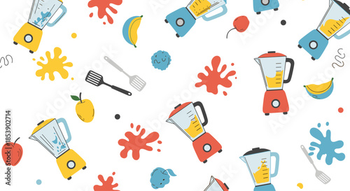 Kitchen themed pattern displays various blenders making fruit smoothies with colorful splashes and pieces of fruit.