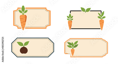 Set of garden themed labels and frames features carrots and green seedlings for organic food and seed packaging.