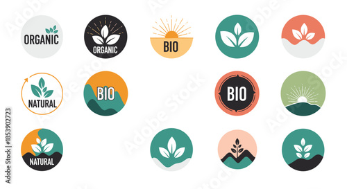 Set of organic and bio product seals features various leaf motifs and sunset scenes in earthy and natural colors.