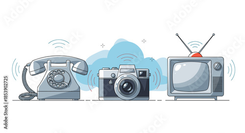 Retro technology objects including a rotary telephone, film camera, and television are shown in a clean line art style.