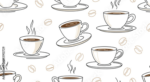 Coffee themed seamless pattern displays white ceramic cups with hot steam and scattered coffee beans on white.