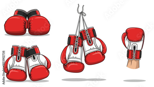 Vibrant red and white boxing gloves in dynamic poses for sports concepts