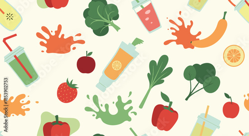 Refreshing smoothie pattern features healthy ingredients like fruit, vegetables, and vibrant juice splashes for wellness.