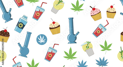 Contemporary lifestyle pattern combines cannabis leaves with bongs, fruity cocktails, and decorated cupcakes for parties.