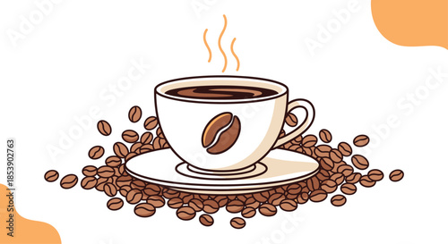 Hot cup of coffee on a saucer is surrounded by roasted coffee beans with rising steam on a clean white background.