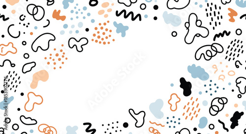 Playful abstract pattern consists of hand-drawn squiggles, dots, and organic shapes in soft blue and orange tones for decor.