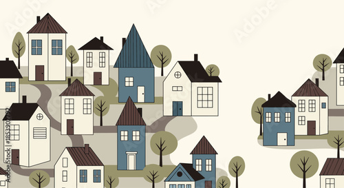 Minimalist village pattern features simple house shapes and trees in muted tones of blue, brown, and cream for projects.