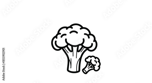 Bold black outline drawing of a fresh broccoli head and a separate small floret isolated on a clean white background.
