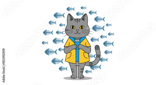 Cute cartoon grey cat wearing a yellow jacket and blue hoodie holding a drink surrounded by fish bone patterns.