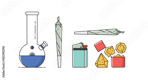 Set of cannabis smoking gear featuring a glass bong, rolled joints, a lighter, and colorful geometric edibles on white.