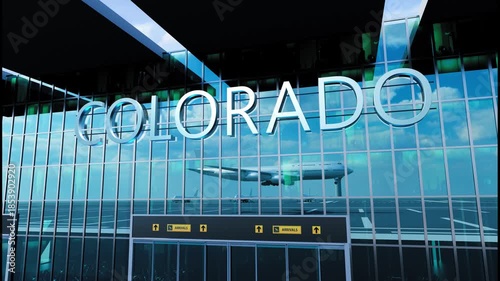 Airlane landing at Colorado. Arrival in the city with reflection of airport and aircraft