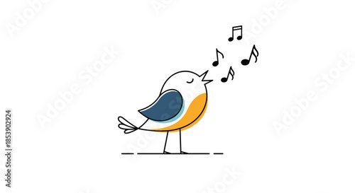 Cute little bird illustration singing out loud with musical notes floating from its beak on a white background.