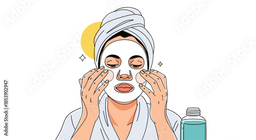 Woman in a white bathrobe and towel turban applying a facial sheet mask for a relaxing home spa skincare routine.