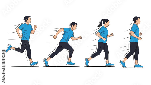People running in different styles and outfits