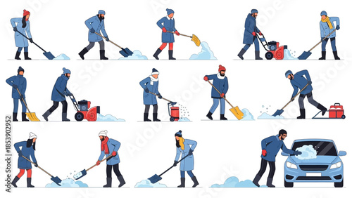 People shoveling snow in winter with various tools and machines