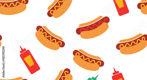 Fun and colorful seamless pattern of delicious hot dogs with mustard and red condiment bottles on a white background.