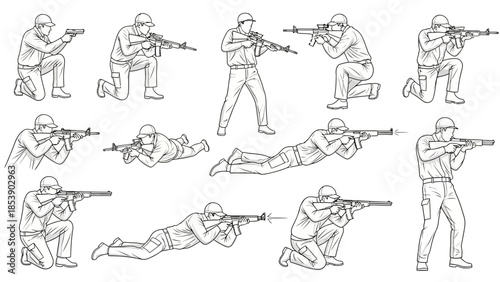Soldiers in various shooting positions with rifles and guns