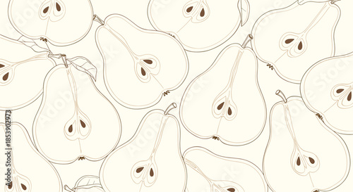 Artistic seamless pattern featuring line drawings of sliced pears showing cores and seeds in a vintage botanical style.