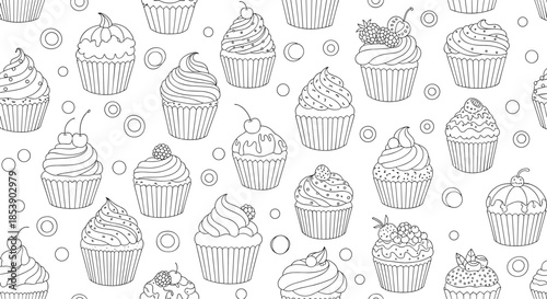 Intricate seamless pattern featuring a variety of cupcake designs in detailed black and white line art on white.