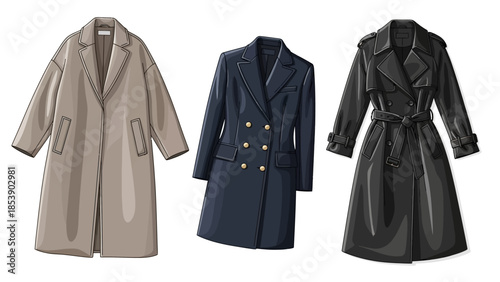 Three stylish trench coats in different colors and designs