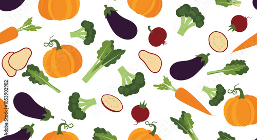 Colorful seamless pattern of fall vegetables like pumpkins, eggplants, broccoli, and carrots on a white background.