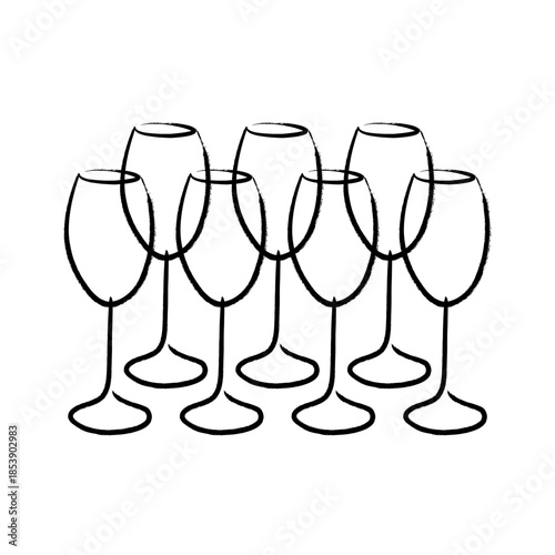 Wine glasses in a row minimalistic hand drawn vector illustration. Brush strokes. Good for menu, invitation, packaging design.