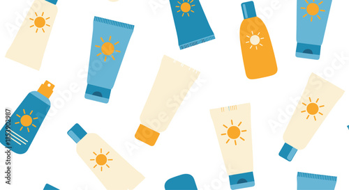 Summer themed seamless pattern with various sunscreen bottles and tubes featuring sun icons on a white background.