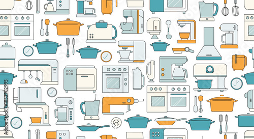 Comprehensive seamless pattern of various kitchen appliances like mixers, blenders, and ovens in a flat design style.
