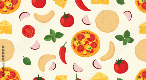 Colorful seamless pattern of pizza making ingredients including dough, tomatoes, cheese, basil, and chili peppers.