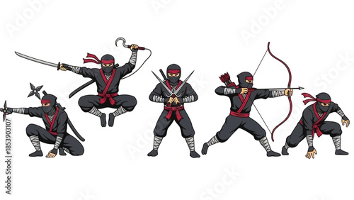 Five ninjas in various combat poses with weapons