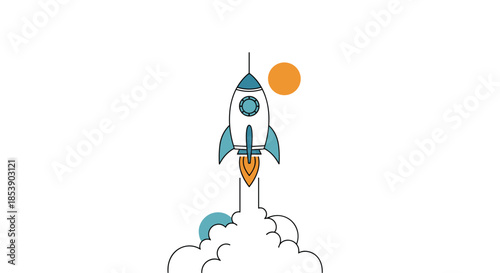 Rocket ship launching into space with a cloud of smoke against a white background symbolizing startup success and technological innovation.