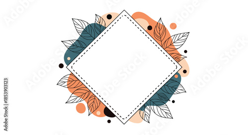 Elegant diamond frame decorated with stylized autumn leaves and abstract color splashes on a clean white background for invitations.