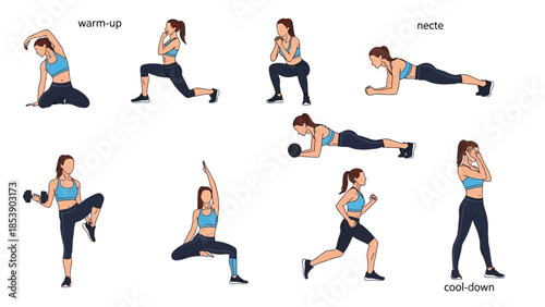 A fit woman performing various exercises in a modern gym setting