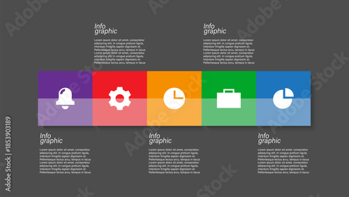 Modern colorful infographic design template with square elements and business icons. Five step process layout for data visualization.