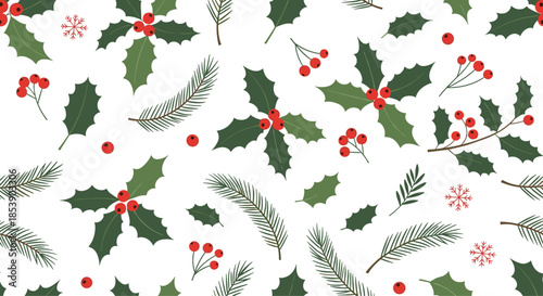 Elegant seamless pattern of christmas holly leaves with red berries and pine tree branches on a clean white background.