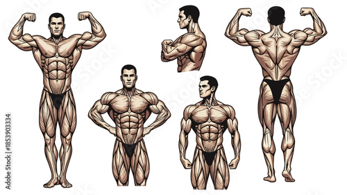 A muscular man posing in various bodybuilding positions on a white background