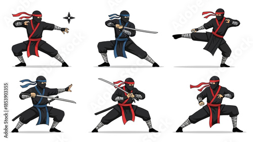 A group of ninja warriors in various fighting poses with swords
