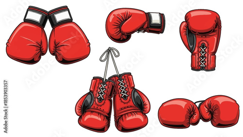 A collection of red boxing gloves on a white background