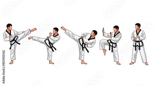 A martial artist demonstrating various taekwondo moves in a white uniform