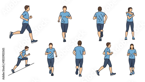 A man in various running poses on a white background