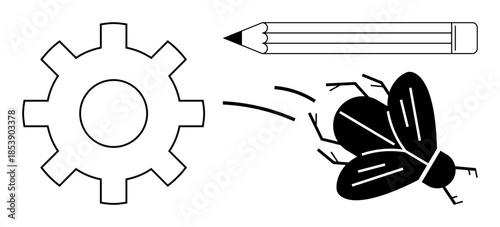 Engineering, creativity, innovation, problem-solving, motion, productivity. Gear, pencil and flying insect in black and white. Engineering and creativity concepts for visuals and ideas