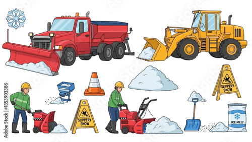 An illustration of winter snow removal equipment and workers at a job site