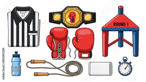 A collection of boxing equipment and accessories for a match