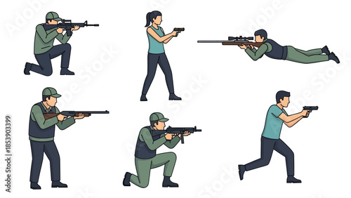 A group of people in various shooting poses with guns and rifles