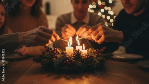 Family Lighting Advent Candles Together at Christmas Table with Warm Holiday